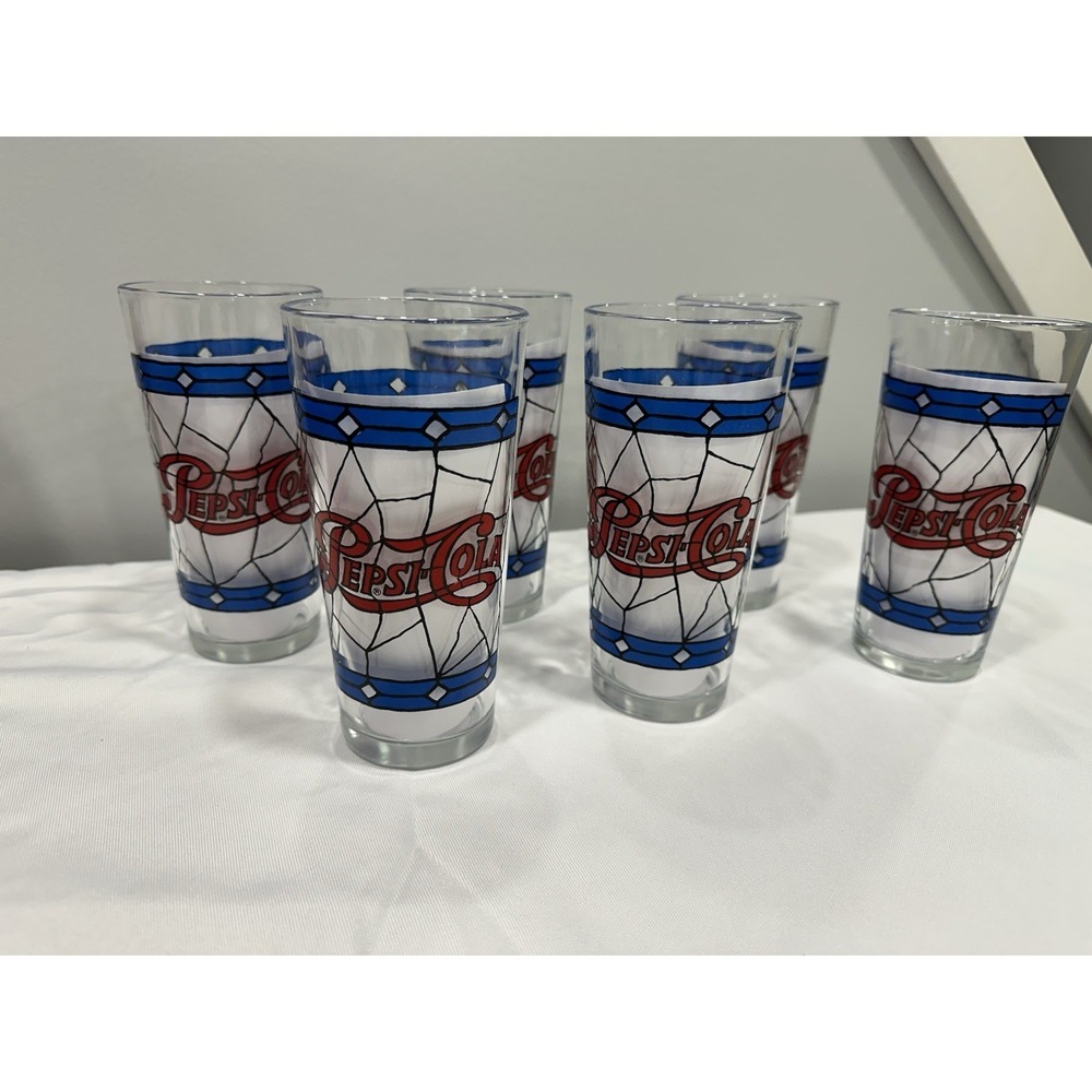 Set of 6 Vintage Pepsi Cola Glass 1970's Tiffany‎ Style-Stained Glass 16 oz. - Picture 2 of 6